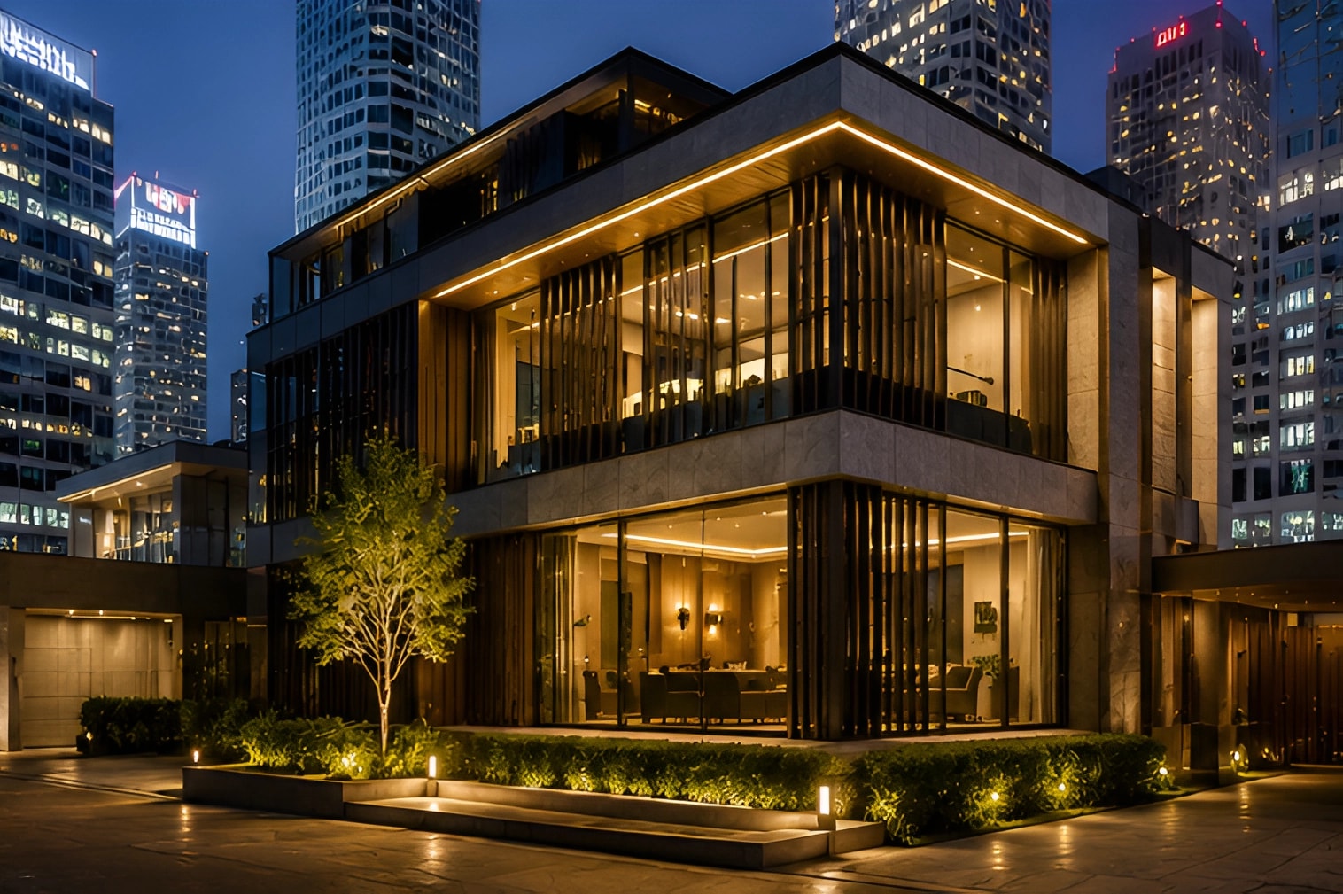 A corner office and residential building at dusk, downtown towers lit behind it.