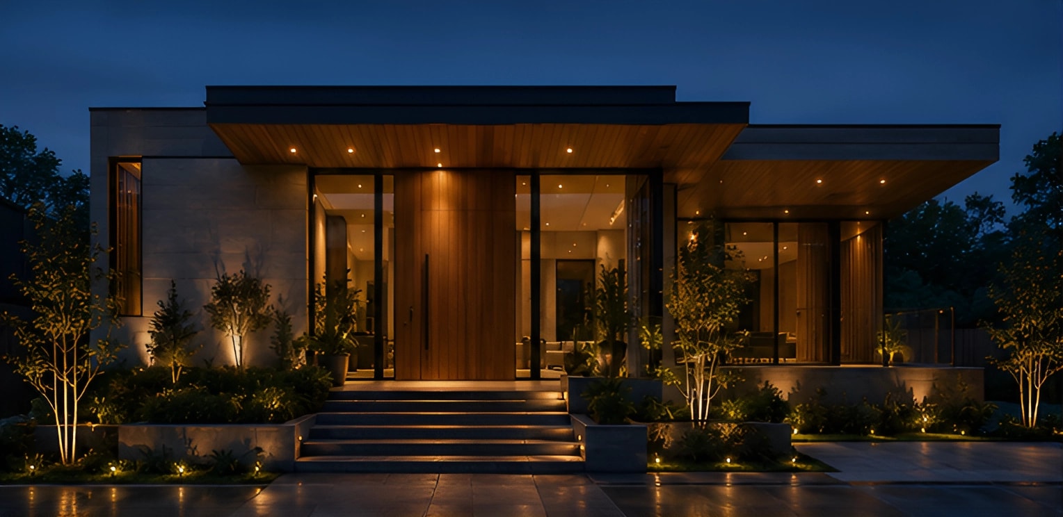 The lit entrance of a modern home at night, steps rising to an open front door.