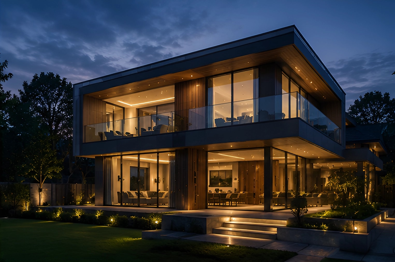 A contemporary two-storey house at dusk, its ground floor open to a lit lawn.