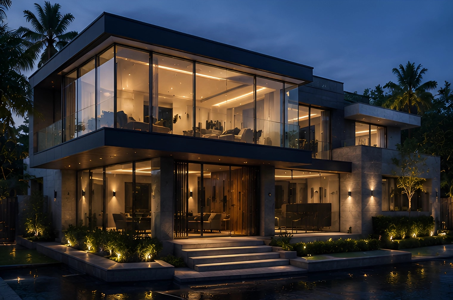 A two-storey glass and stone residence at dusk, lit from within and reflected in water.