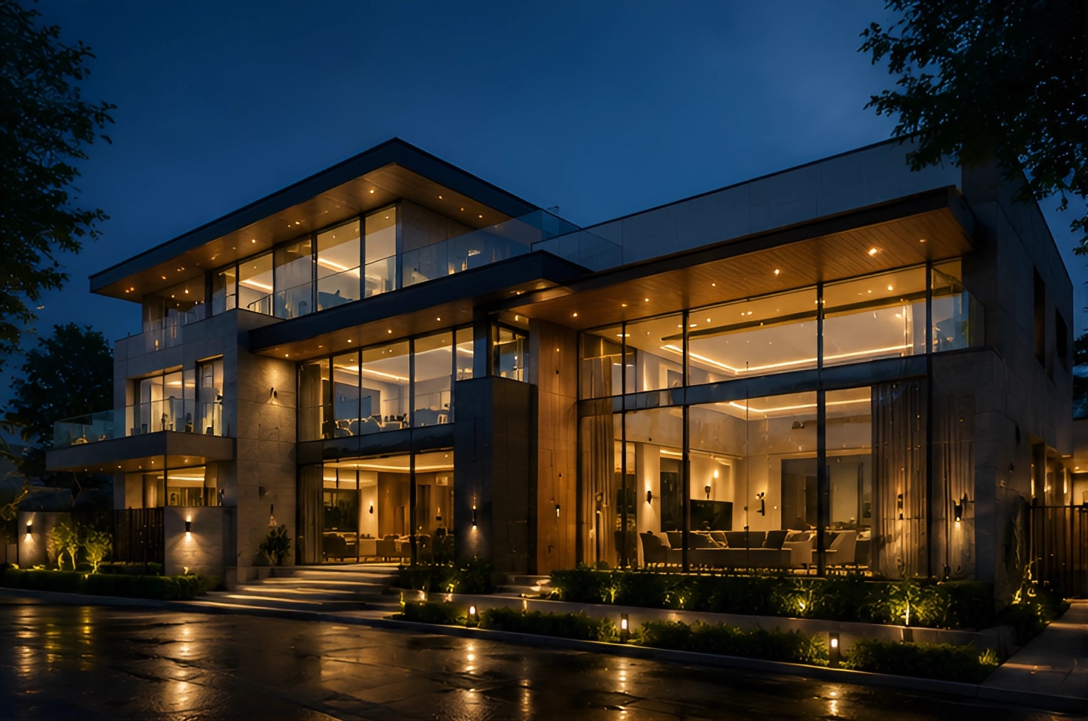 A large contemporary residence at dusk, every room lit and the drive still wet from rain.